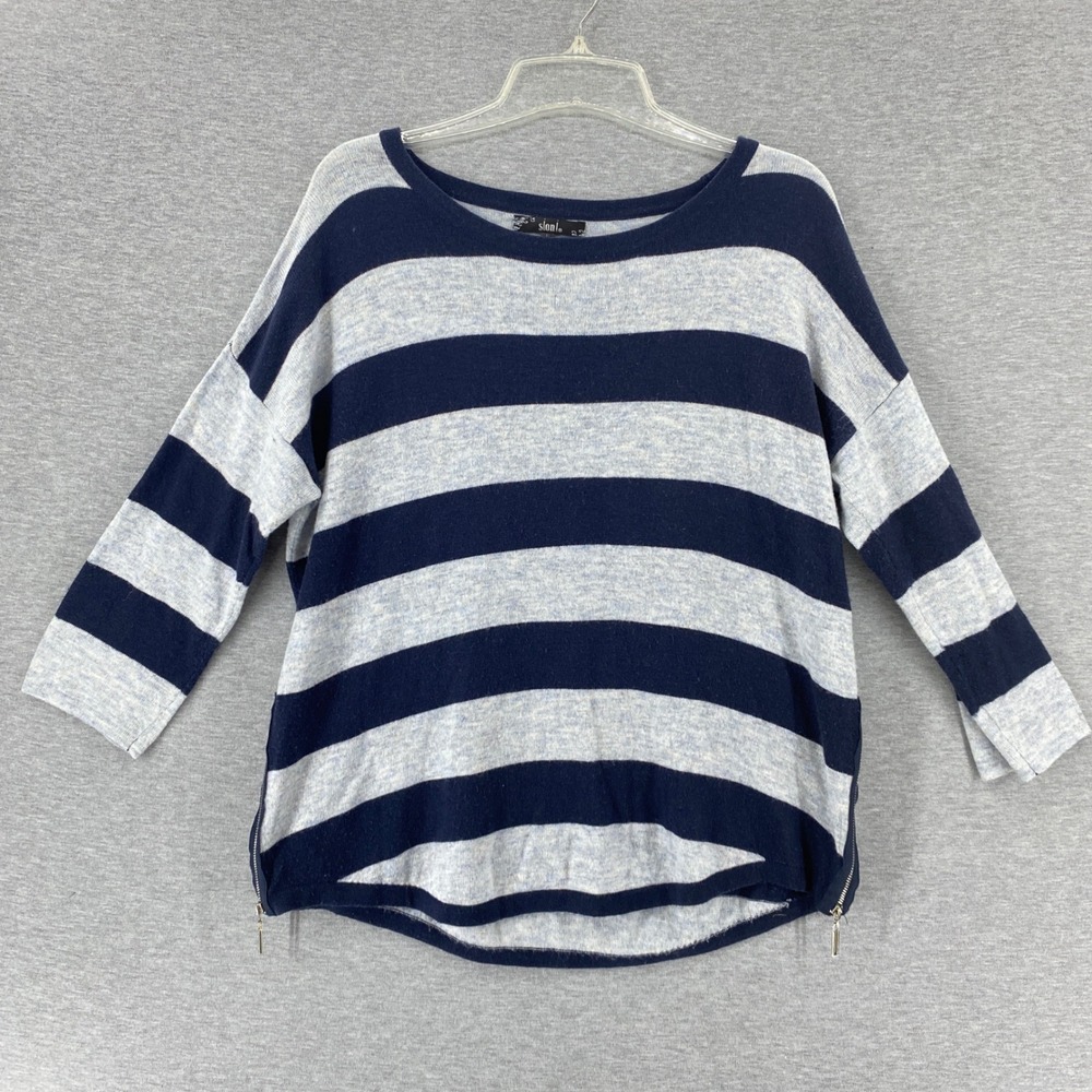 Slanl Striped Coastal Nautical Lightweight Knit Sweater Navy Zipper Accent‎ L